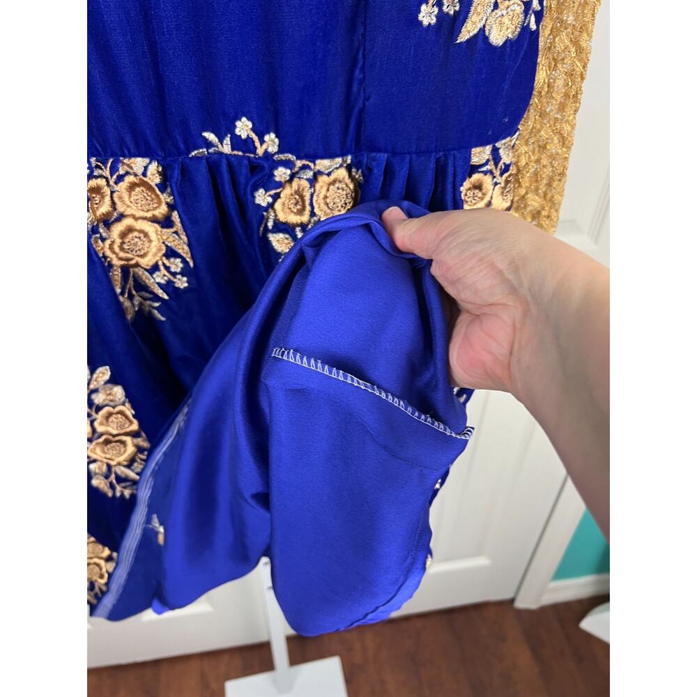 Handmade Embroidered Velvet Dress Folk Fairycore Whimsigoth Blue Gold Girls L - Picture 3 of 8